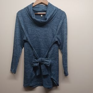 Paisley Raye Sweater Women's Size 0X Blue Cowl Neck Stretch Bow Accent